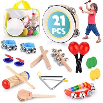 Toddler Educational & Musical Percussion for Kids & Children Instruments Set 21 Pcs – with Tambourine, Maracas, Castanets & More – Promote Fine Motor Skills, Enhance Hand to Eye Coordination,