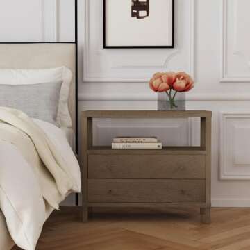 East at Main Indigo Road by Egypt Sherrod Gemma 2 Drawer Large Nightstand Solid Bayur Wood Bedside Table with Open Shelf, Available in Black or Warm Brown W: 34" | D: 15" | H: 29.5" (Brown)