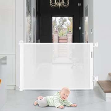 Retractable Baby Gate Dog Gate - Wiscky Extra Wide Safety Gates for Babies and Pet 33" Tall, Extends to 59" Wide, Easy to Roll and Latch Dogs Gate for Doorways, Stairs, Hallways Indoor/Outdoor (White)