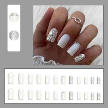 24 PCS Press on Nails Square Short Fake Nails Silver Glitter with Rhinestones Exquisite Design White Glossy Glue on Nails Full Cover Bling Sequins False Nails Artificial Acrylic Nails for Women Girls