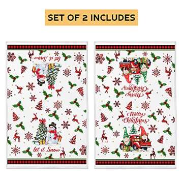 Christmas Kitchen Towels Christmas Hand Towels Bathroom, Merry Christmas Tree Snowman Kitchen Towels 18”x28”, Gnomes Red Buffalo Plaid Truck Holiday Dish Tea Towel Housewarming Gifts Sets of 2