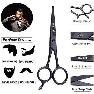 BlueZOO Beard Mustache Scissors and Comb Kit with PU Storage Bag, Rounded Safety Nose Hair Scissor for Men and Women Care Grooming, Ear Trimming Tool, Shears for Personal Grooming, Cutting & Styling