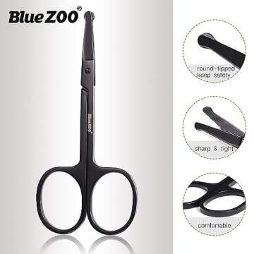 BlueZOO Beard Mustache Scissors and Comb Kit with PU Storage Bag, Rounded Safety Nose Hair Scissor for Men and Women Care Grooming, Ear Trimming Tool, Shears for Personal Grooming, Cutting & Styling