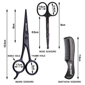 BlueZOO Beard Mustache Scissors and Comb Kit with PU Storage Bag, Rounded Safety Nose Hair Scissor for Men and Women Care Grooming, Ear Trimming Tool, Shears for Personal Grooming, Cutting & Styling