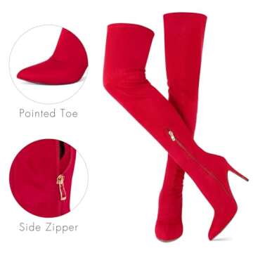 Jiu du Thigh High Boots for Women High Heels Red Over The Knee High Boots Side Zipper Stretch Thigh High Red Boot Size 8