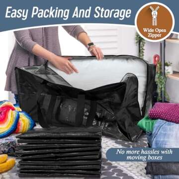 6 Pack Extra Heavy Duty Large Moving Bags with Strong Zipper & Comfortable Handles, Sturdy & Durable Clothes Storage Bags Totes Bins, Blue Packing Bags Moving Boxes College Moving Supplies, Black