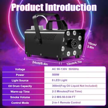 Ikitneo Fog Machine, Smoke Machine with 13 Colorful LED Lights Effect, 500W and 2000CFM Fog with Wireless Remote Control, Indoor Outdoor Fog Machine for Halloween, Party, Wedding, DJ Stage