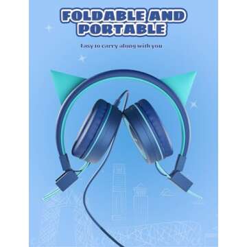 SIMJAR Cat Ear Kids Headphones for School, Wired Boys/Girls Foldable Headphones with Adjustable Headband, 3.5 MM Jack for Online Learning/Travel/Tablet/iPad/Computer