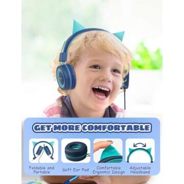 SIMJAR Cat Ear Kids Headphones for School, Wired Boys/Girls Foldable Headphones with Adjustable Headband, 3.5 MM Jack for Online Learning/Travel/Tablet/iPad/Computer