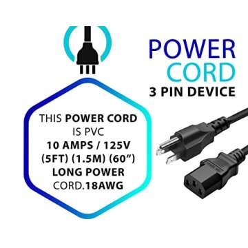 Standard 5ft (1.5m) 10 Amps 125 Volts Black 3 Prong AC Power Cord Cable for Electronics, TV, Computer, Printer, Radio, Monitor, Samsung, Dell, Vizio, LG, Asus, Laptop and More