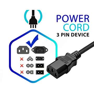 Standard 5ft (1.5m) 10 Amps 125 Volts Black 3 Prong AC Power Cord Cable for Electronics, TV, Computer, Printer, Radio, Monitor, Samsung, Dell, Vizio, LG, Asus, Laptop and More