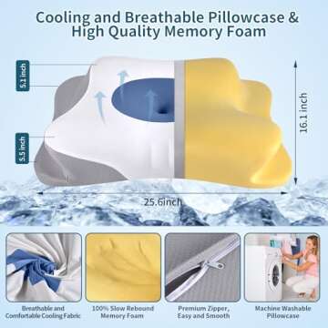 Cervical Neck Pillow - Contour Bed Pillow for Neck Pain Relief, Ergonomic Orthopedic Side Sleeper Pillow for Sleeping, Cooling Memory Foam Pillows for Back & Stomach Sleepers with Pillowcase