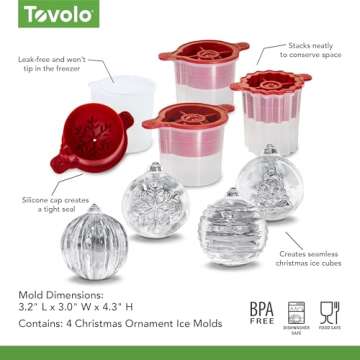 Tovolo Christmas Ornament Ice Molds, Set of 4 - Large Ice Mold Ideal for Festive & Holiday Drinks - Odor-Free Freezer Storage, Dishwasher-Safe with Silicone Plunger