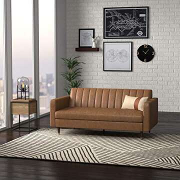 Amazon Brand – Rivet Damien Mid-Century Modern Channel-Tufted Apartment Sofa, 75"W, Leather, Cognac