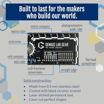 Pocket Engineer - Authentic Small Metal Engineering Ruler Protractor Compass Scale, Techie Stocking Stuffers Gadget Multi-tool, Mechanical/Civil Engineers Gift, Metric Mini 3 Inch Tool-Genius Lab Gear