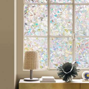 LEMON CLOUD Window Privacy Film, Decorative Window Film, Stained Glass Window Stickers, Rainbow Cling Holographic, Window Covering Prism Film, No Glue Frosted Half Moon Anti-UV(17.5 x 78.7 Inch)