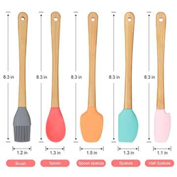 Mini Silicone Spatula Set of 5 Heat Resistant Small Baking Spatulas with Bamboo Handles Kitchen Utensil Set for Baking, Mixing, Cooking, Gifts for Bakers