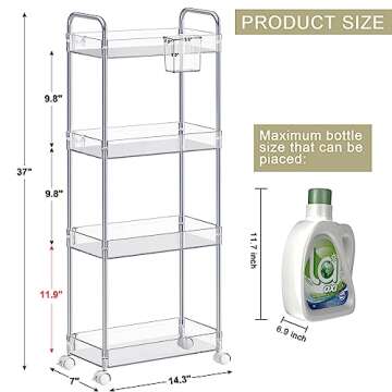 SPACEKEEPER Acrylic Rolling Storage Cart 4 Tier Clear Bathroom Cart Organizer, Transparency Rolling Utility Cart Laundry Room Organization Multifunction Mobile Shelving Unit for Office, Living Room