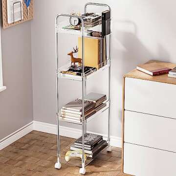 SPACEKEEPER Acrylic Rolling Storage Cart 4 Tier Clear Bathroom Cart Organizer, Transparency Rolling Utility Cart Laundry Room Organization Multifunction Mobile Shelving Unit for Office, Living Room