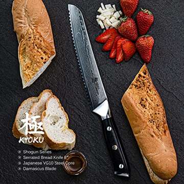 KYOKU Serrated Bread Knife - 8" - Shogun Series - Japanese VG10 Steel Core Damascus Blade - with Sheath & Case