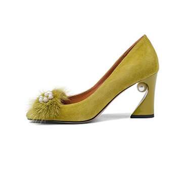 Fashion Heel Suede Leather Women's Square Toe Chunky Heels Vintage Floral Handmade Dress Pump Shoes with Fur Pearl (Yellow, US9.5)