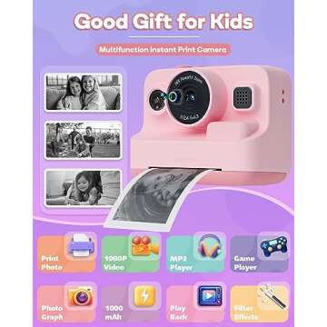 Dylanto Kids Camera Instant Print,1080P Kids Instant Cameras That Print Photos,Christmas Birthday Gifts for Girls Age 3-12,Portable Toy for 3 4 5 6 7 8 9 10 Year Old Girls Boys Pink