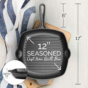 Fresh O2 Pre-Seasoned Cast Iron Skillet - 12 Inch (11 Inch Bottom) Cast Iron Grill Pan w/Cooking Ridges - Camping Accessories for Cooking - Home & Kitchen Accessories - Culinary Gifts for Chefs