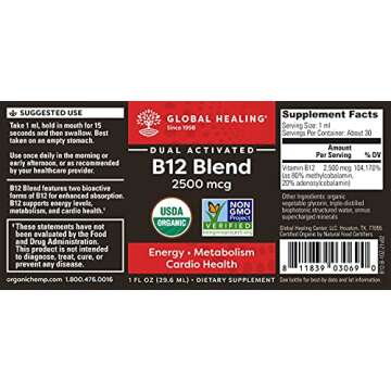 Global Healing Center Vegansafe B12, 2500 mcg Organic Sublingual Liquid Vitamin B12 Drops | 2-in-1 Methylcobalamin & Adenosylcobalamin Blend for Energy, Mood, and Heart Health, 30-Day Supply (1 Fl Oz)