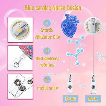 ANDGING Blue Cardiac Heart Badge Reel Holder Retractable Badge Clips Funny Cute Cardiology Nursing Badge Reels Retractable for Nurses Medical Badge Glitter RN LPN CNA ID Card Office Accessories