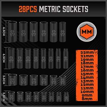 HORUSDY 3/8" Drive Impact Socket Set, 50-Piece Standard SAE (5/16 to 3/4 inch) and Metric (8-22mm) Size, 6 Point, Cr-V, 3/8-Inch Drive Ratchet Handle, Drive Extension Bar, Impact Universal Joint