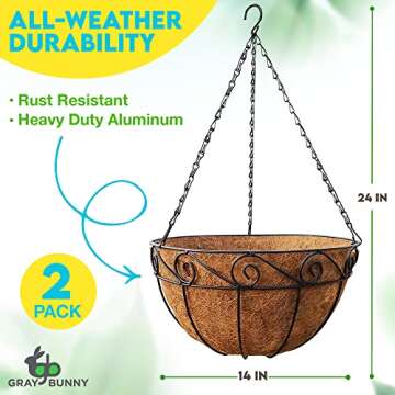 Hanging Planters for Outdoor Plants (2 Pack) 14" Extra Deep Hanging Baskets for Plants Outdoor, Outdoor Hanging Planters with Coco Liners, Heavy Duty Metal Watering Hanging Flower Basket Planter