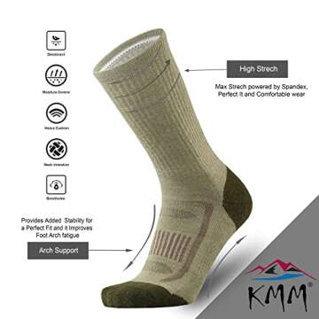 KMM Men's Merino Wool Cushion Crew Socks Moisture Wicking Control Medium Weight Warm for Outdoor Hiking Hike Trail Cycling(Green L)