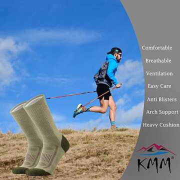 KMM Men's Merino Wool Cushion Crew Socks Moisture Wicking Control Medium Weight Warm for Outdoor Hiking Hike Trail Cycling(Green L)