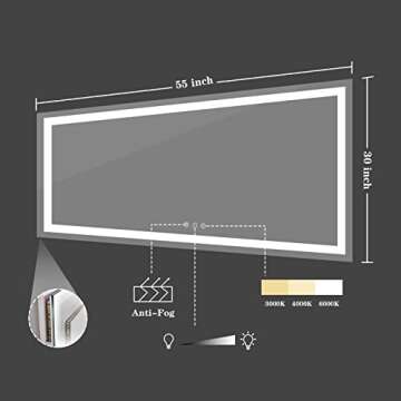 Amorho LED Bathroom Mirror 55"x 30", Backlit + Front-Lighted Vanity Mirror, Dimmable Bathroom Mirrors for Wall, Anti-Fog, Memory, 3 Colors, Double LED Lights, Shatter-Proof, ETL Listed