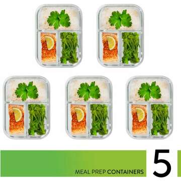 Glass Meal Prep Containers - 5 Pack, Multi-Compartment