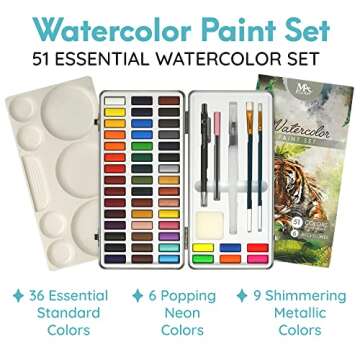 MozArt Supplies - Watercolor paint set 51 Vibrant Colors + accessories - For beginners & professionals