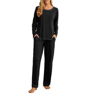 PrinStory Women's Pajama Set 2024 Lounge Sets Long Sleeve Sleepwear Soft 2 Piece Pjs with Pockets Black-XL