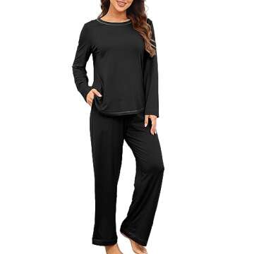 PrinStory Women's Pajama Set 2024 Lounge Sets Long Sleeve Sleepwear Soft 2 Piece Pjs with Pockets Black-XL