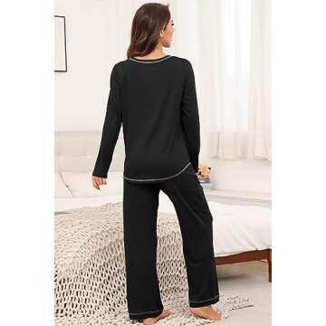 PrinStory Women's Pajama Set 2024 Lounge Sets Long Sleeve Sleepwear Soft 2 Piece Pjs with Pockets Black-XL