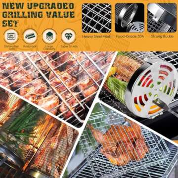 Grill Basket,11pcs Rolling Grill Baskets For Outdoor Grill With Barbeque Grilling Accessories,Stainless Steel Barbecue Folding Grill Basket With Handle,Brush,Portable Bbq Camping For Fish,Shrimp,Vegetables,Christmas Birthday Gifts For Men Dad