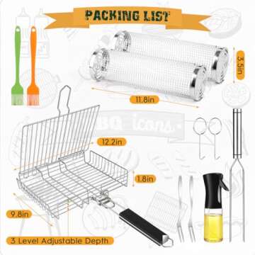 Grill Basket,11pcs Rolling Grill Baskets For Outdoor Grill With Barbeque Grilling Accessories,Stainless Steel Barbecue Folding Grill Basket With Handle,Brush,Portable Bbq Camping For Fish,Shrimp,Vegetables,Christmas Birthday Gifts For Men Dad