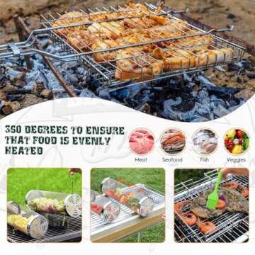 Grill Basket,11pcs Rolling Grill Baskets For Outdoor Grill With Barbeque Grilling Accessories,Stainless Steel Barbecue Folding Grill Basket With Handle,Brush,Portable Bbq Camping For Fish,Shrimp,Vegetables,Christmas Birthday Gifts For Men Dad