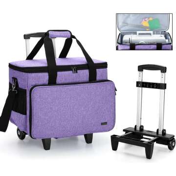 Yarwo Detachable Rolling Sewing Machine Carrying Case, Trolley Tote Bag with Removable Bottom Wooden Board for Most Standard Sewing Machine and Accessoriess, Purple