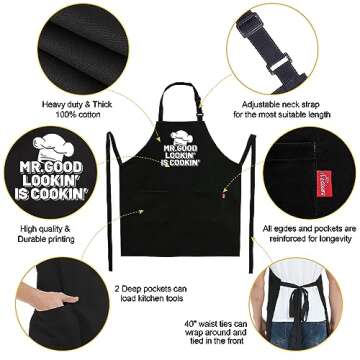 Kaidouma Funny Chef Aprons for Men - Mr.Good Lookin' is Cookin' - Men’s Funny Kitchen Cooking Grilling BBQ Aprons with 2 Pockets - Birthday Father’s Day Christmas Gifts for Dad, Husband, Boyfriend