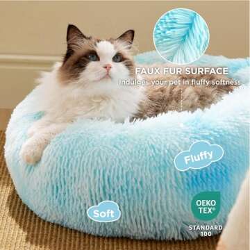 Bedsure Calming Cat Bed for Indoor Cats - Small Washable Round Cat Bed, Anti-Slip Fluffy Plush Faux Fur Pet Bed, Fits up to 15 lbs Pets, Spun Sugar, 20 inches