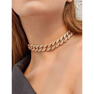 Ingemark Shiny CZ Rhinestone Curb Cuban Link Chain Choker for Women Unisex Cool Hip Hop Miami Cuban Diamond-Cut Chain Choker Necklace (S1 Silver Plus Size-14+4")