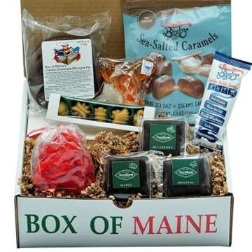 Box of Maine Candy Sweet Tooth Box - Moose Lollipop, Lobster Gummies, Maple Candy, Original Maine Needhams, Bixby Blueberry Bar, Bixby Chocolate Caramels, Chocolate Whoopie Pie