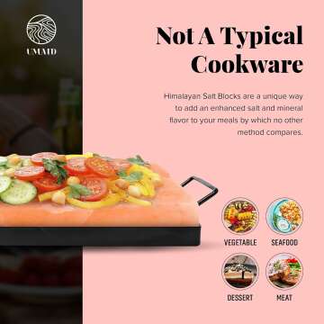 UMAID Himalayan Salt Block Cooking Plate 12x8x1.5 for Cooking, Grilling, Cutting and Serving, Food Grade Rock Salt Stone with Steel Tray & Recipe Pamphlet Unique Gifts for Men, Women, Chefs & Cooks