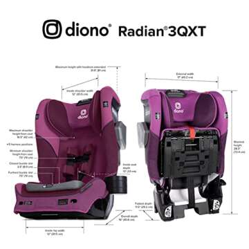 Diono Radian 3QXT SafePlus 4-in-1 Rear and Forward Facing Convertible Car Seat, Safe Plus Engineering, 4 Stage Infant Protection, 10 Years 1 Car Seat, Slim Fit 3 Across, Purple Plum