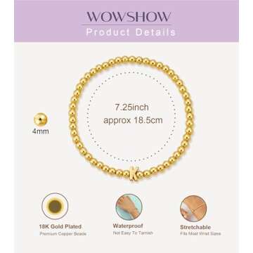 Wowshow Gold Bracelets for Women Strand Gold Beaded Bracelets Initial Bracelet with Letter A Charm 18K Gold Plated Bead Ball Bracelet Gold Jewelry Gifts for Women Mother's Day Christmas